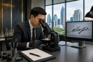 Document forgery expert witness Thailand examining a disputed signature in a forensic laboratory