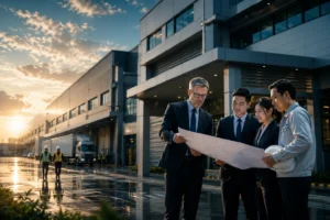 Chinese manufacturers reviewing a factory license in Thailand at an industrial estate