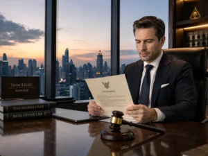 Foreign investor reviewing documents before buying property at auction in Thailand