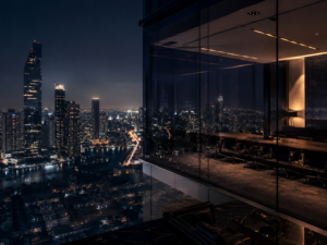Thailand cash controls: Bangkok skyline and corporate boardroom at night