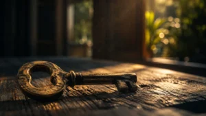 Brass key and villa doorway representing a 30-year lease in Thailand