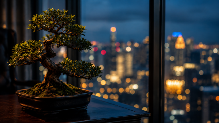 Bonsai and Bangkok skyline representing a Japanese-run business in Thailand