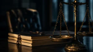 Balance scale and creditor files representing business rehabilitation in Thailand