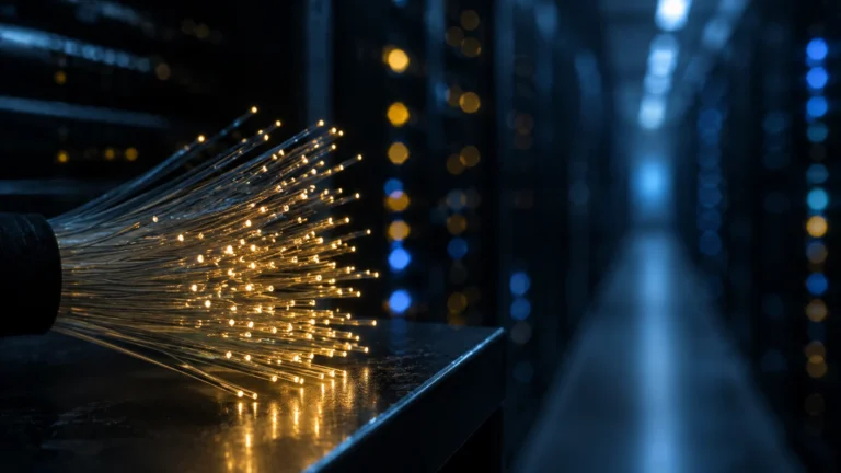 Fibre optic strands and server racks representing content takedown in Thailand