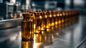 Amber pharmaceutical vials representing Thai FDA drug registration renewal