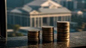 Stacked coins and government building representing Thailand social security pension reform